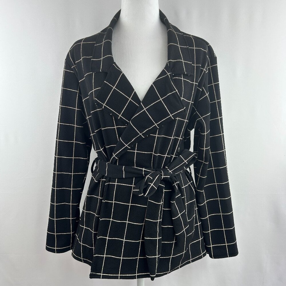 Boohoo Chic Windowpane Belted Blazer Black/White – Women's Large